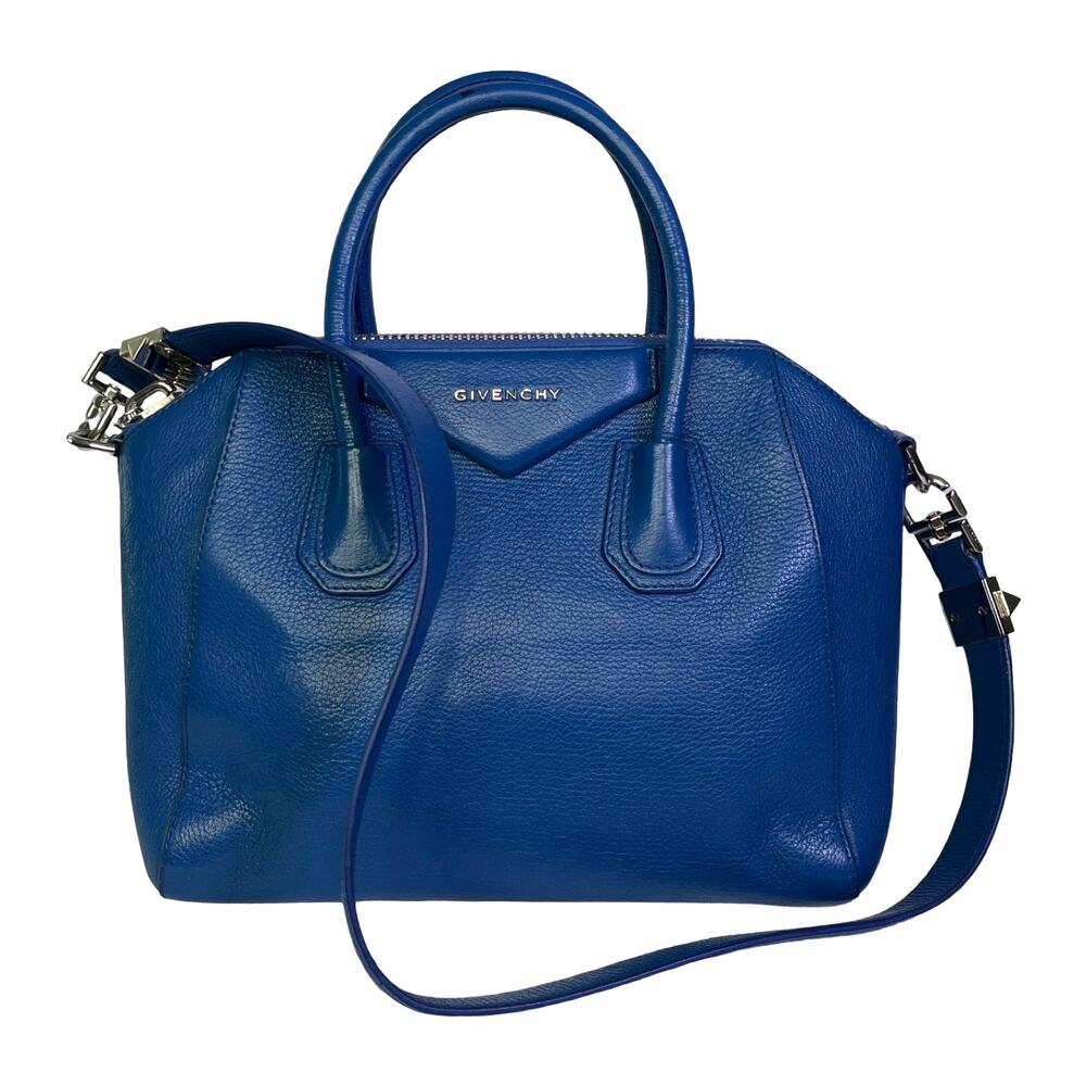 Givenchy Antigona Small Blue Leather Satchel Top Handle Shoulder Bag Silver